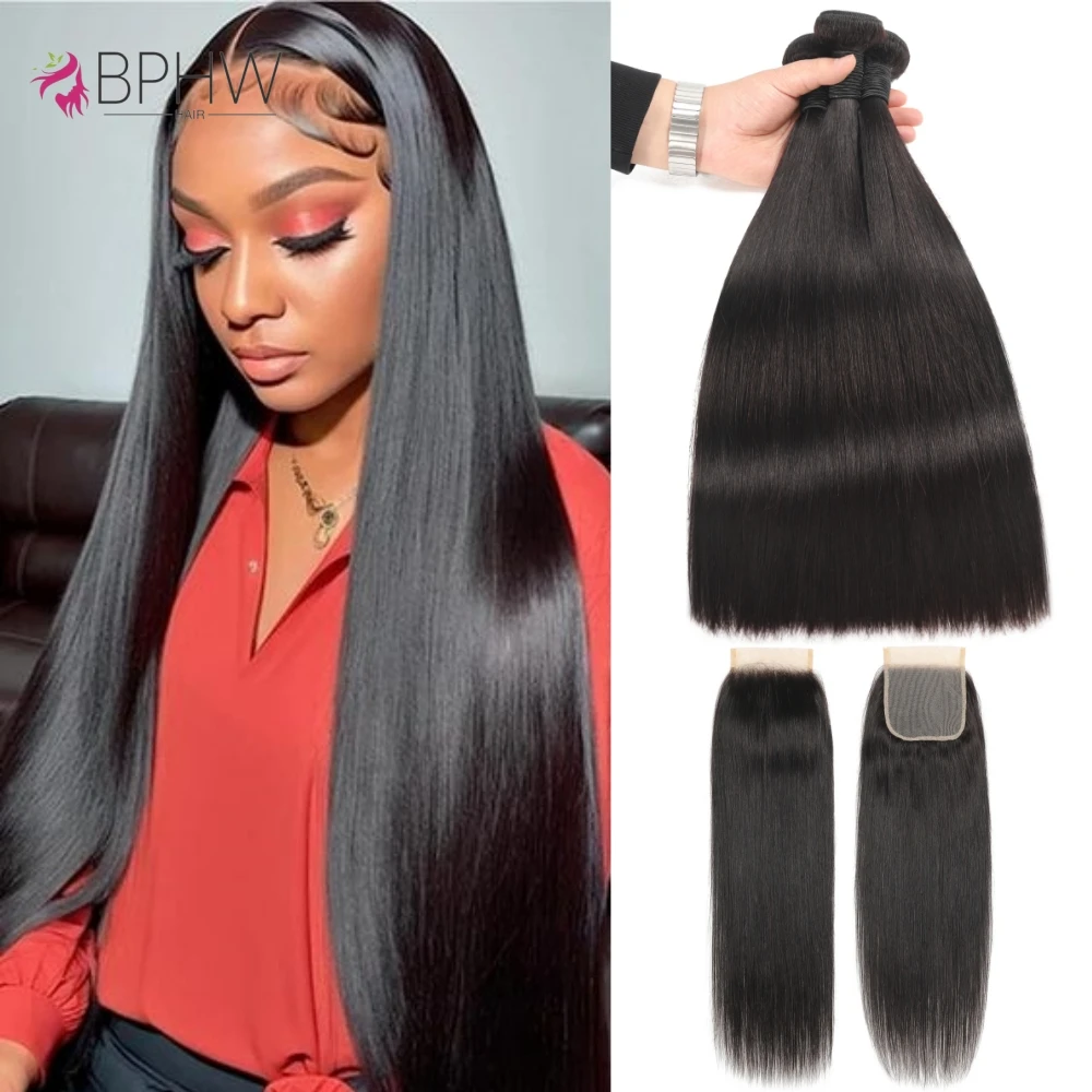 Straight Natural Color 3 Bundles With 4x4 Closure 100% Human Hair For Black Women Brown Lace Bundles With Frontal Remy Hair