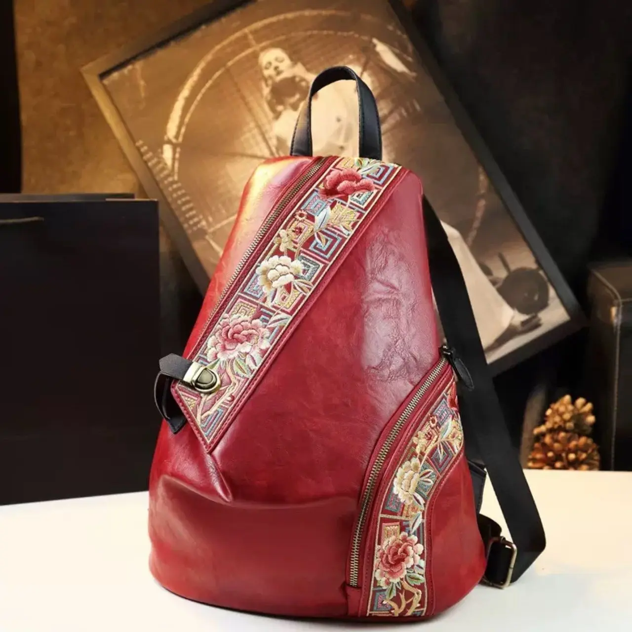 Chinese tradition Chic leisure travel embroidery leather backpack flower ethnic bag schoolbag travelling bag Hiking bag