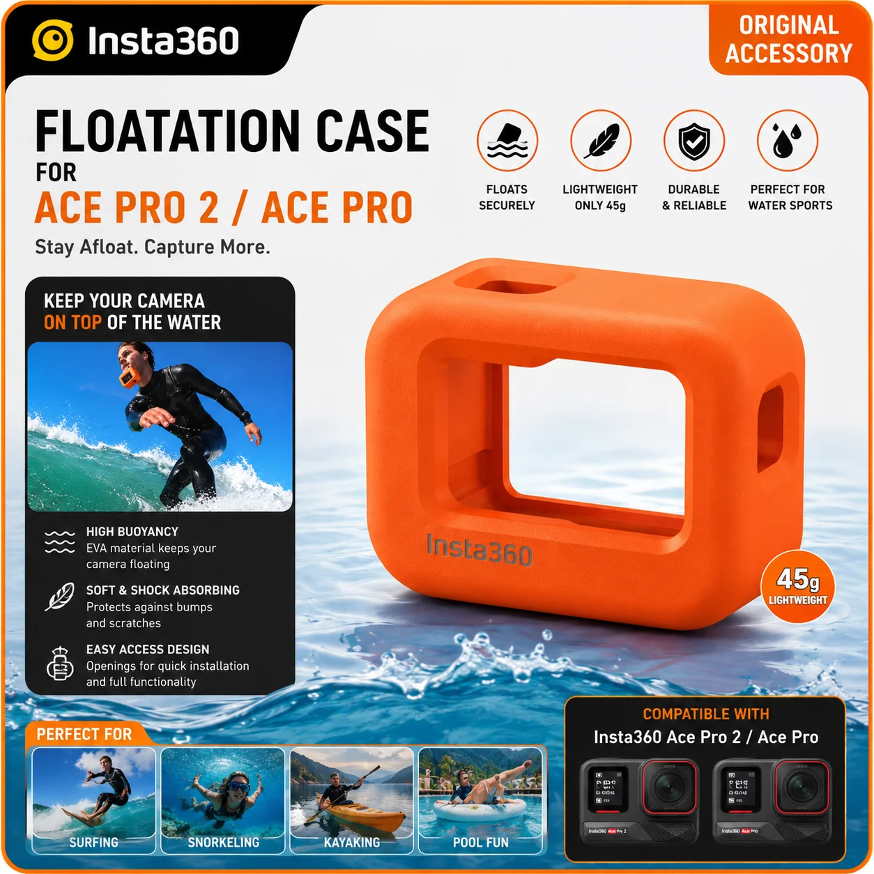 Light EVA Protective Frame Float Cover Flotation Case Weighs 45g for Insta360 Ace Pro 2 Ace Pro Surfing Water Activities