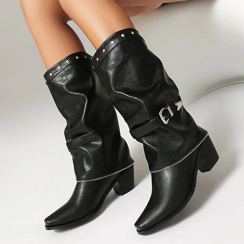 

Сапоги до колена из искусственного материала с заклепками и фланцем больших размеров, новые дышащие новые винтажные сапоги в стиле вестерн на толстом каблуке с квадратным носком