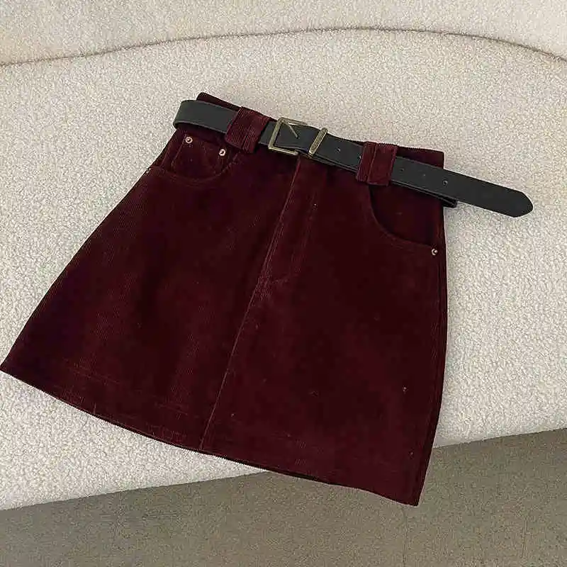 Solid Color Corduroy Half Skirt Women Autumn Winter Thickened Short Skirts Korean High Waist Slim A-line Skirt with Belt