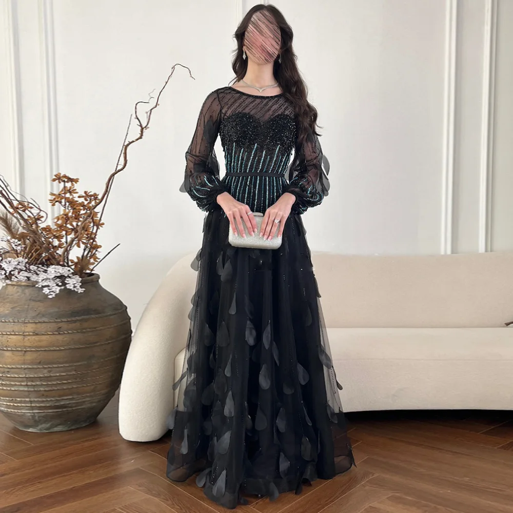 Luxury Beads Prom Dress Scoop Neck Long Sleeves Heavy Stones Floor Length Floral Petals Saudi Arab Evening Dresses Party Gown