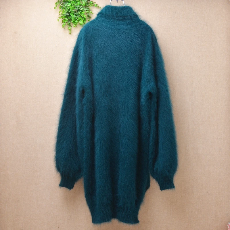 ladies women fashion green fall winter clothing mink cashmere knitted turtleneck split loose pullover angora fur jumper sweater