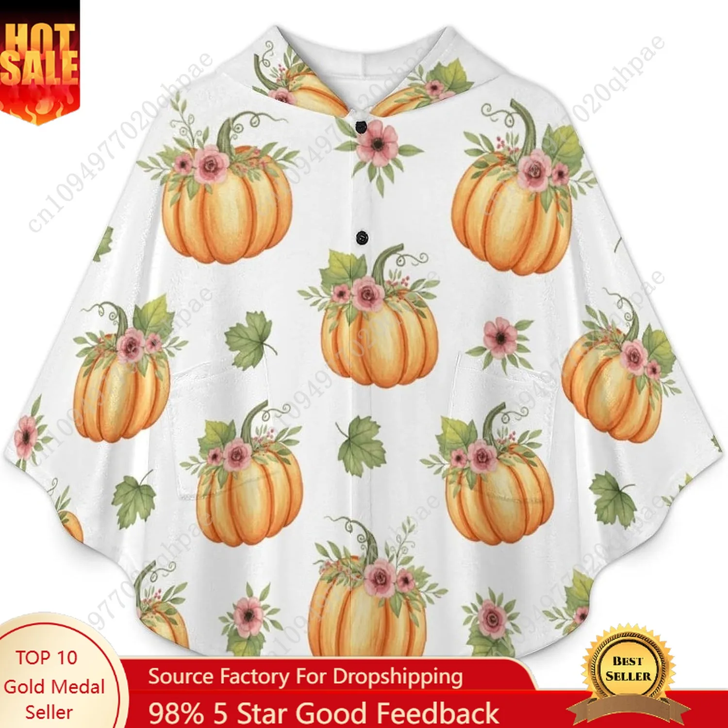 Cozy Flannel Blanket Sweater,Pumpkin Floral Pattern Oversized Hoodie With Pockets For Kids And Teenagers