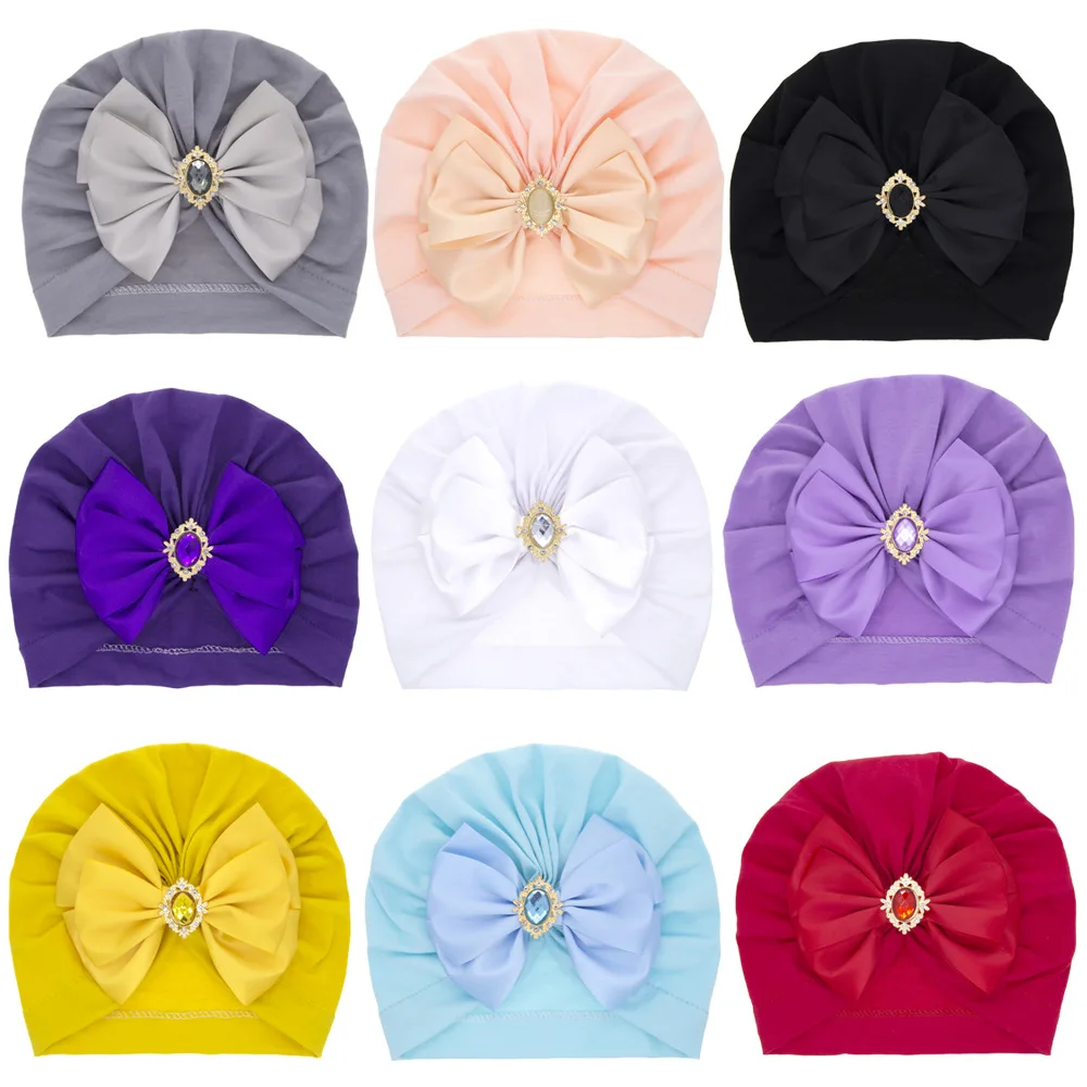 Monocromático Bling Rhinestone Bowknot Turbante do bebê, infantil chapéu indiano, Soft Cotton Caps, moda feminina, artesanal arcos Headwear, novo,