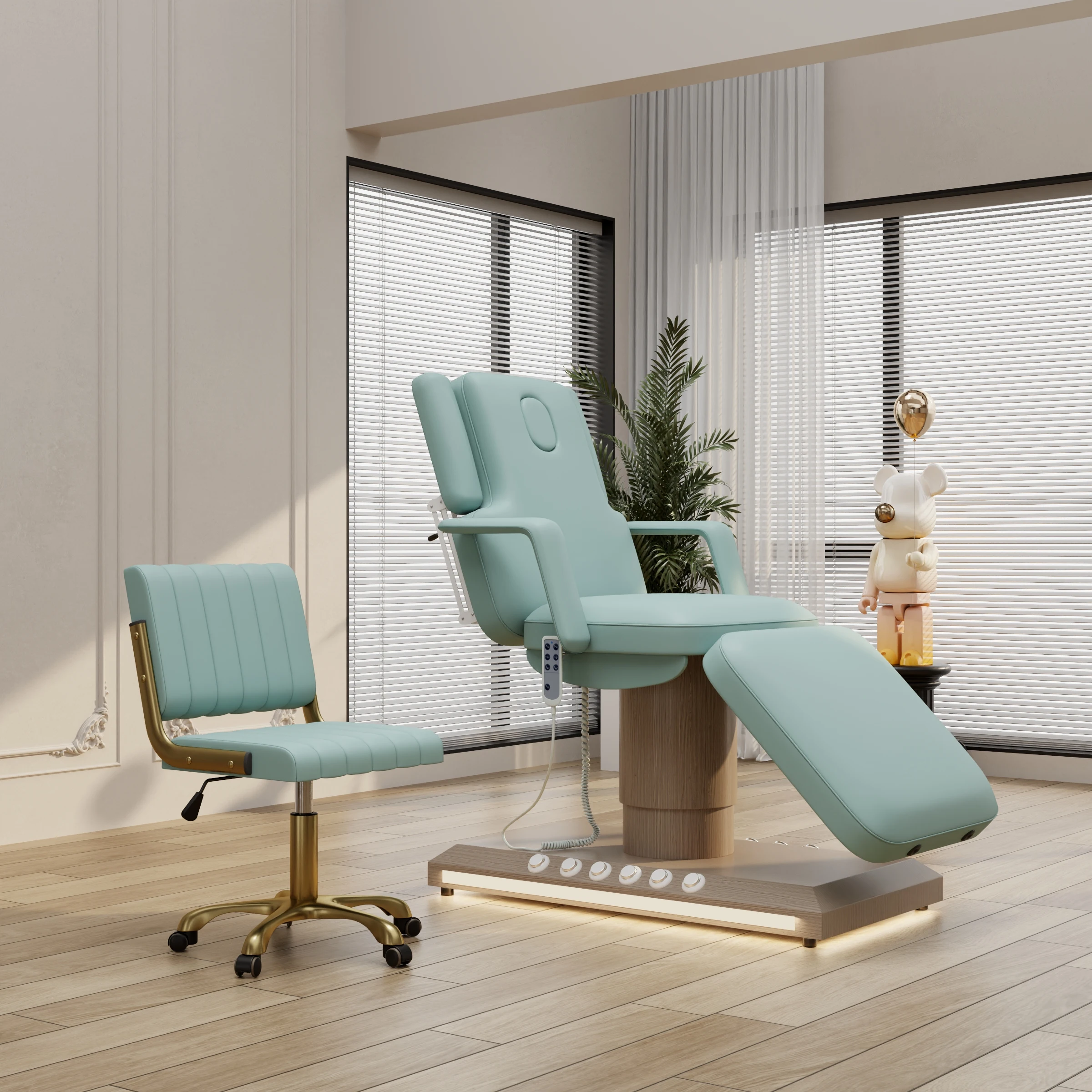Cama de belleza eléctrica de 3 motores, color verde claro, acero inoxidable más nuevo con mesas y camas de masaje con Control de pies, belleza sa lon