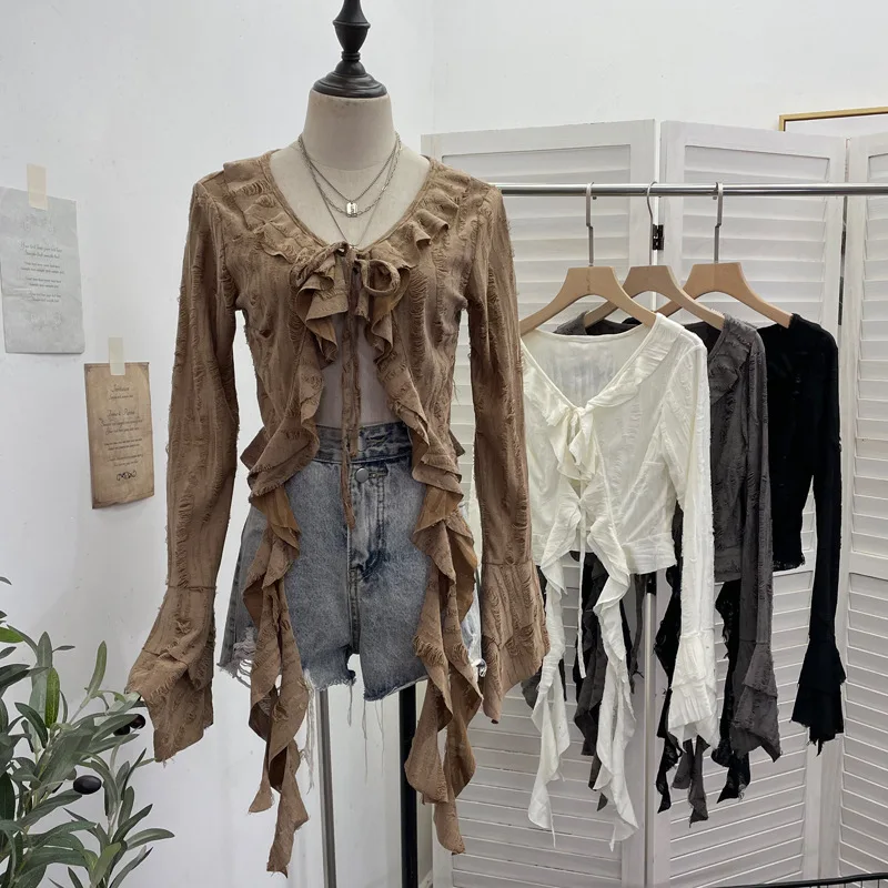 ISAROSE Wasteland Style Cardigan for Women Punk Spring Autumn Solid Color Flare Long Sleeves Front Lace-up Ruffle Ripped Tops