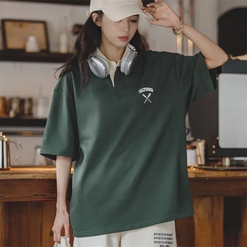 Maden Vintage Lapel College Short Sleeve Polo Shirts for Women Loose Knitted Big Size Golf Tee 2023 Summer Casual Cotton T-shirt