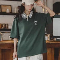 Maden Women's Oversized Polo Shirt Green White Color Block Drop Shoulder Short Sleeve Cotton Summer Casual Top - Image 3