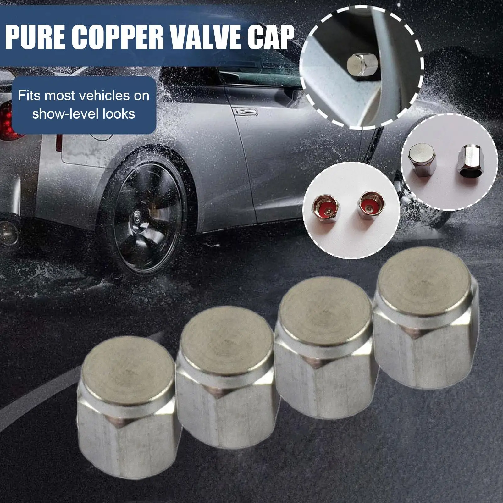 Tire Valve Caps Silver Metal Rubber Seal Tire Valve Covers Stem Caps Proof Dust J1Q6