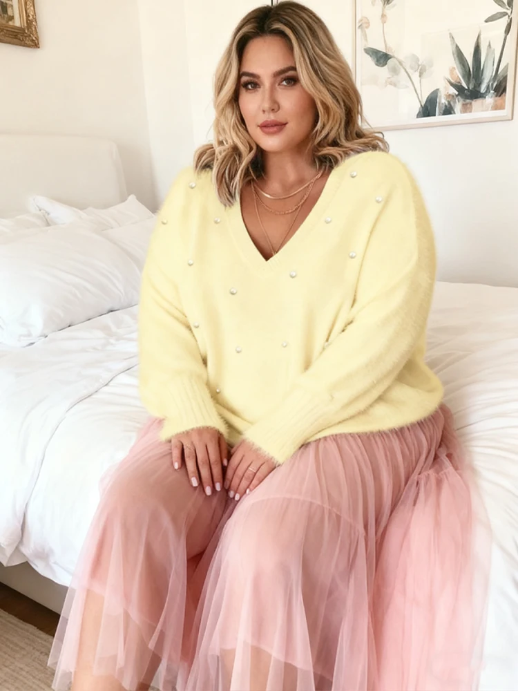 جديد حجم كبير الخريف الشتاء النساء الملابس الصلبة الخامس الرقبة مطرز سترة كل مباراة أنيقة اللؤلؤ البلوز الأعلى Kpop فضفاض الساخن Seler #1