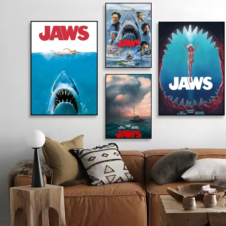 ملصق كلاسيكي رعب Moviej-Jawws مقاوم للماء من القماش ومقاوم للتجاعيد جدار الفن سهل التعليق ديكور المنزل لغرفة المعيشة وغرفة النوم #2