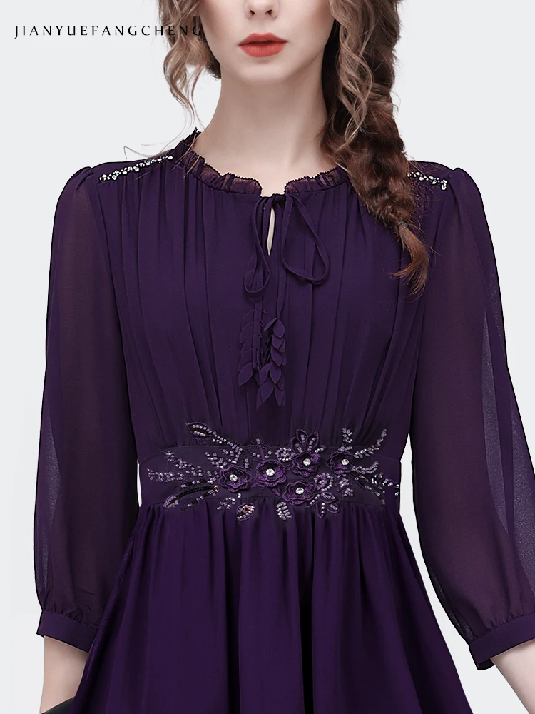 2024 Spring/Summer French Style Pleated Chiffon Shirt Top Women\'s Purple Beaded Cinched Waist 3/4 Sleeve Bottom Applique Blouses