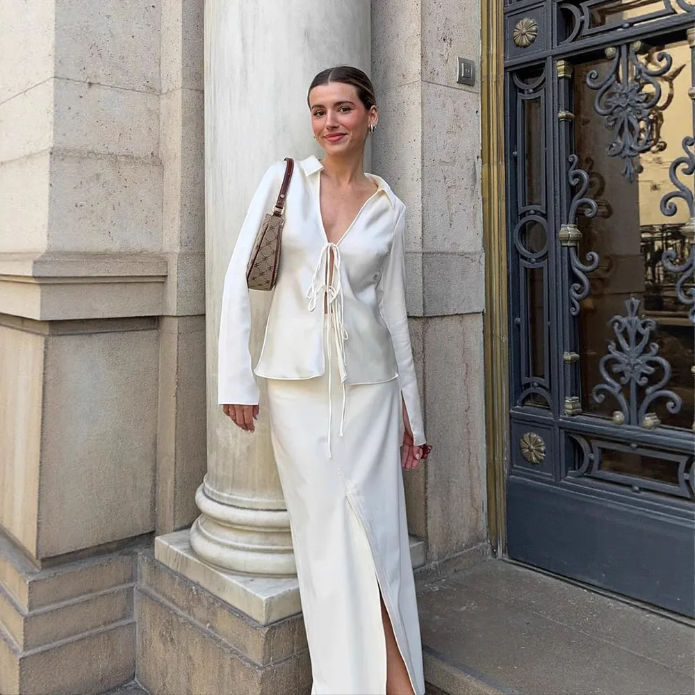 

Женская блузка KIDCRKJ на шнуровке, весенняя, с отложным воротником, из шелковой ткани, с длинными рукавами, кардиган для женщин, минималистичная офисная рубашка