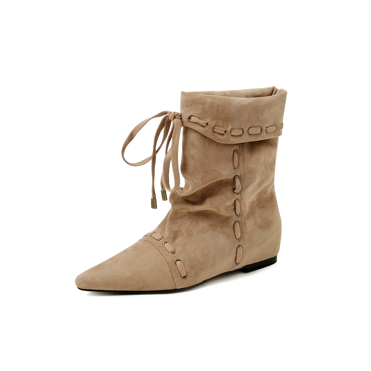 

Women Suede Patchwork Ruched Lace-up Western Cowboy Boots | Pointed Toe Hidden Wedge Short Boots