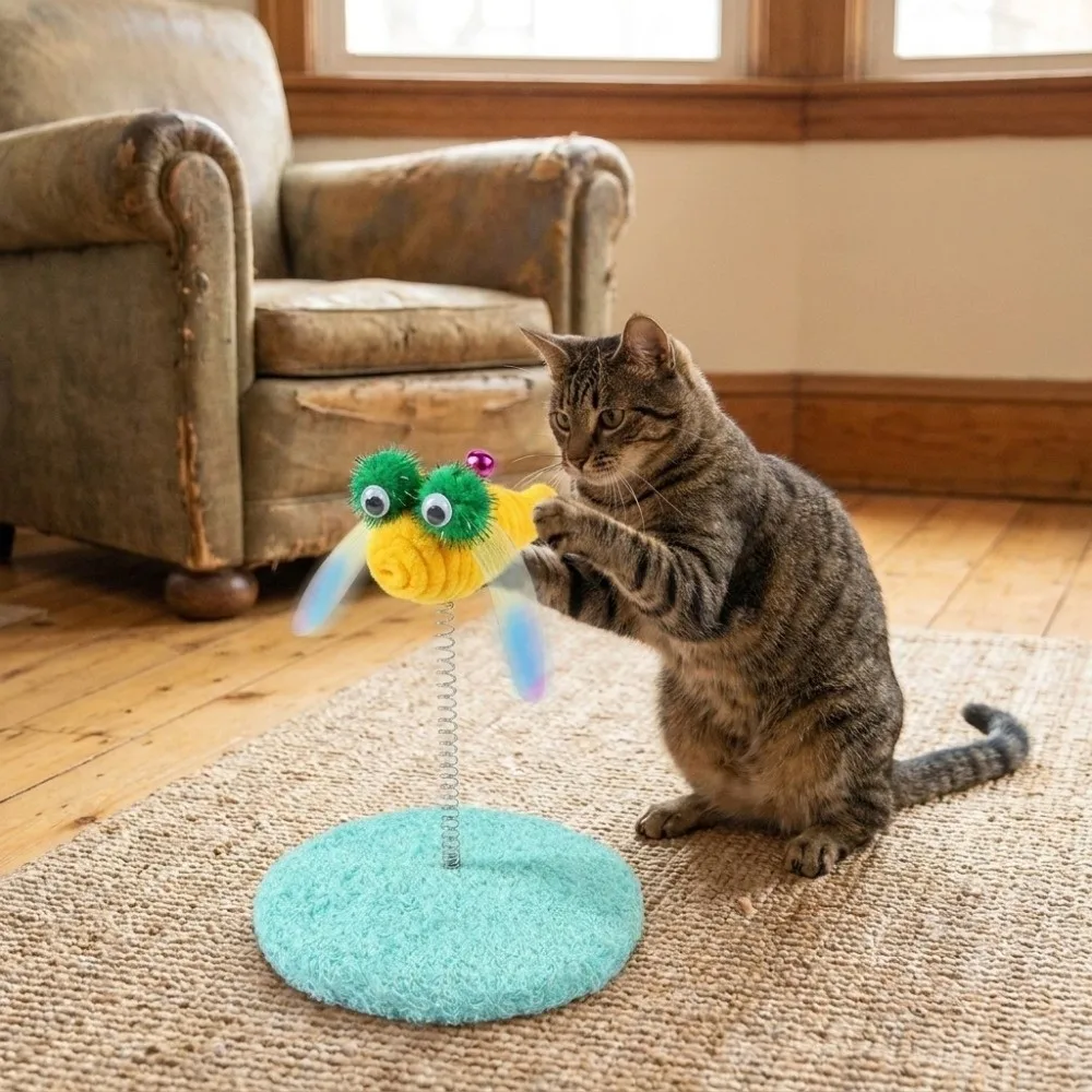 Dragonfly Design Cat Spring Toy Scratch Resistant Googly Eyes Cat Teaser Wand Wobble Bounce with Bell Pounce Play Toy