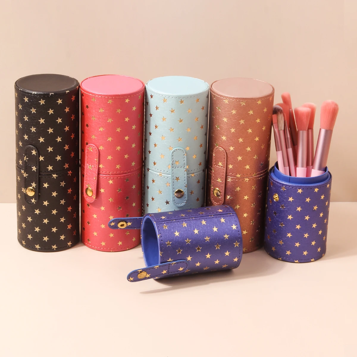 Multi -function PU makeup brush barrel, high -end design model hot gold stars storage box, waterproof and dustproof nail pen sto