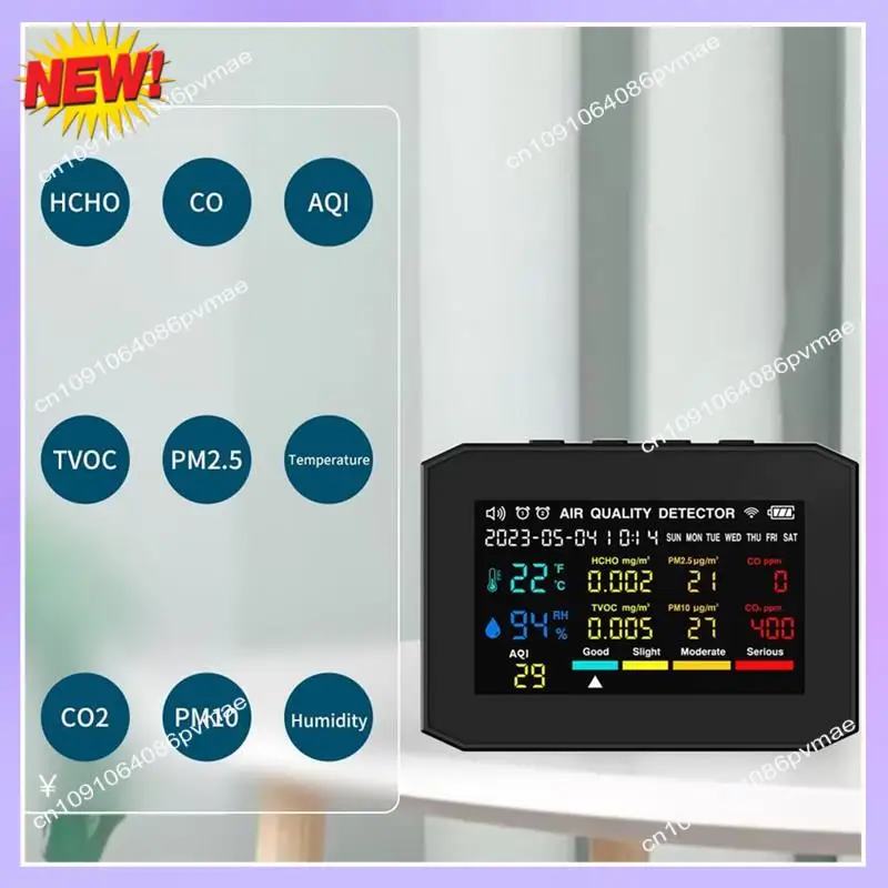 Monitor de calidad del aire T24C para interiores, con visualización de fecha y hora y despertador, monitor de CO2 negro