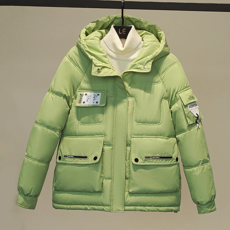 Parka feminina com capuz com bolso solto, jaqueta de algodão, sobretudo feminino, roupa de pão grosso, casacos quentes, moda inverno, novo, 2024