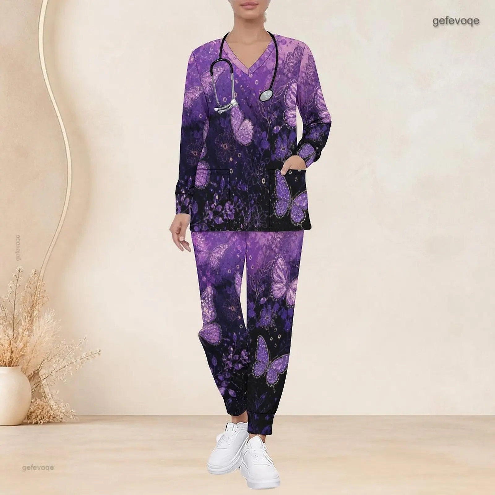 Women Purple Black Butterfly Floral Printed V Neck Long Sleeve 2 Piece Scrub Set