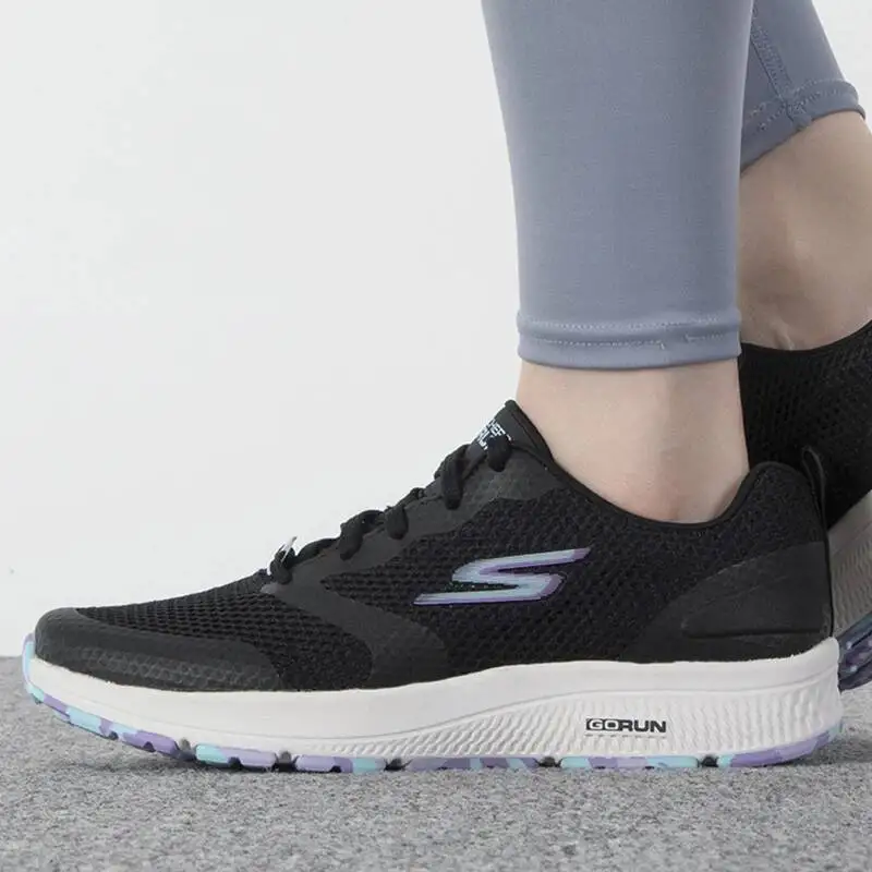 Skechers 128292-BKLV Ladies Black Gray Sneakers Memory Foam Cushion Breathable Mesh Upper Flexible Outsole Jogging Walking Shoes