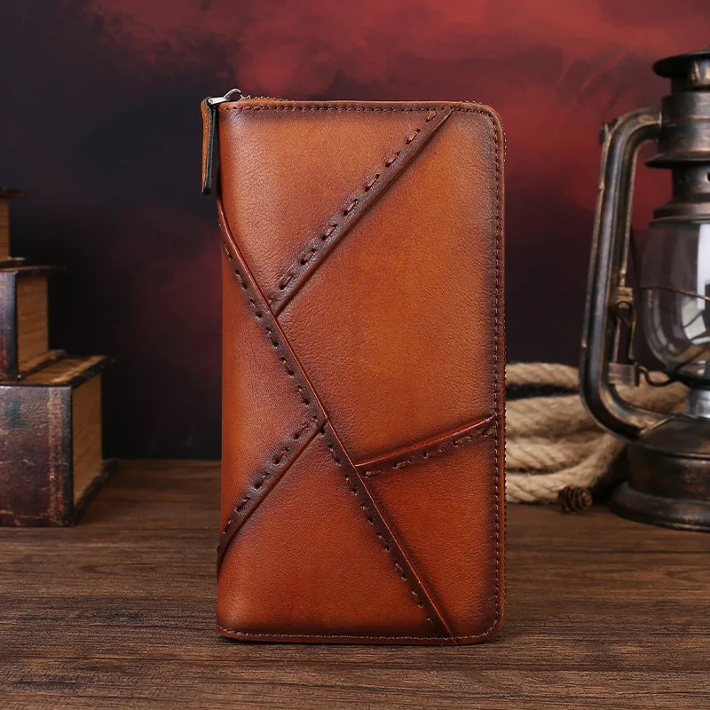 Men's genuine leather spliced high-end men's wallet, large-capacity mobile phone storage, multi-slot business clutch