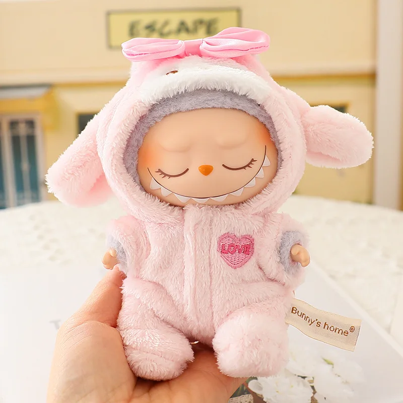 Labubu Poppenkleertjes Baby Blue Shark Jumpsuit Labubu I II I II Idool Poppen 15/17 cm Pluche Poppenkleertjes Zitten Feestaccessoires