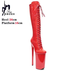 Women's Boots Trend 2023 Red Knee High Boots Lace Up Knee-High Boots Nightclub Platforms Pole Dancing Shoes Heels 26CM Stiletto