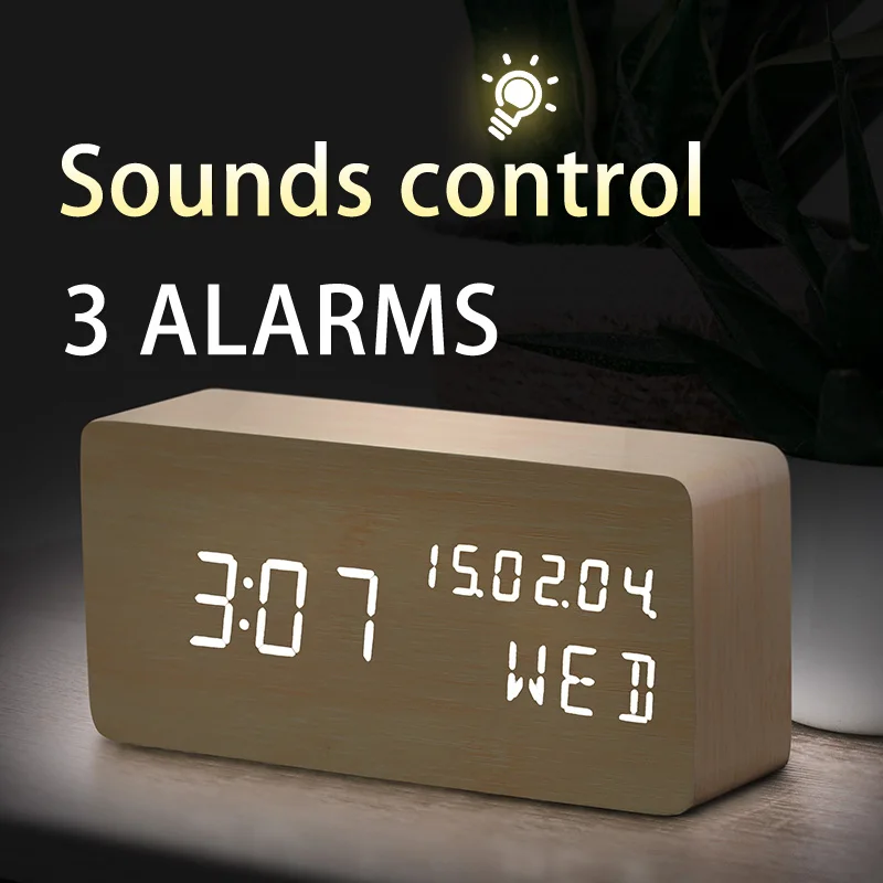 

Hot Sale Desktop digital LED wooden table clock decoration alarm clock temperature humidty display
