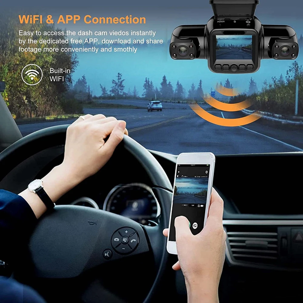 3 camera's WIFI Dash Cam voor auto's, voor- en binnencamera 1440P + 1080P * 2 auto DVR, 360 graden weergave IR nachtzicht videorecorder