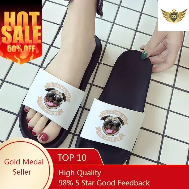 

Pugs Cute Dog Print Fun Pattern Slippers Summer Beach Fashion Open Toe Slippers Printed Women's Non-slip Slides