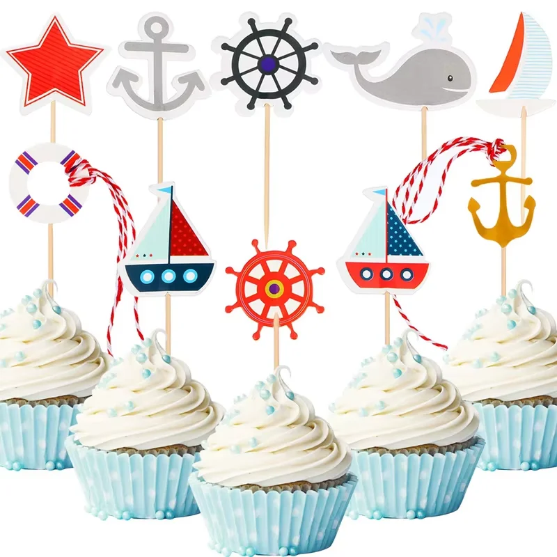 Nautical Cupcake decorated baby bath toothpick Marine themed birthday cake collection decorated sailing party gift supplies