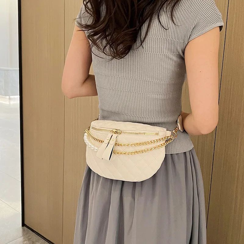 Korean Fashion Women Handbags Chest Bags Street Trend Diamond Plaid Chain Waist Bag Half-moon Crossbody Bag Portable Waist Packs