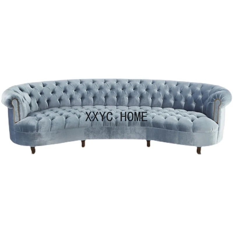 Nordic Light Luxury Light Blue Velvet Sofa Post-Modern Arc Pull Buckle