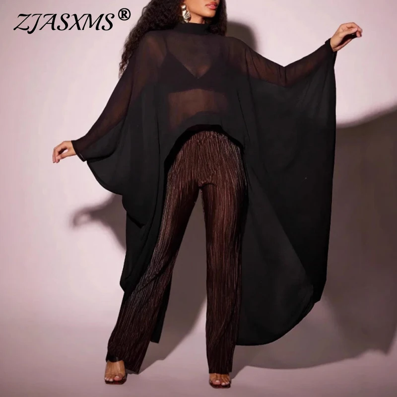 

Spring Loose Backless Woman Blouses Chic Batwing Sleeve Chiffon Shirt Pullover Sexy Hollow See Through Summer Beach Cover-up Top