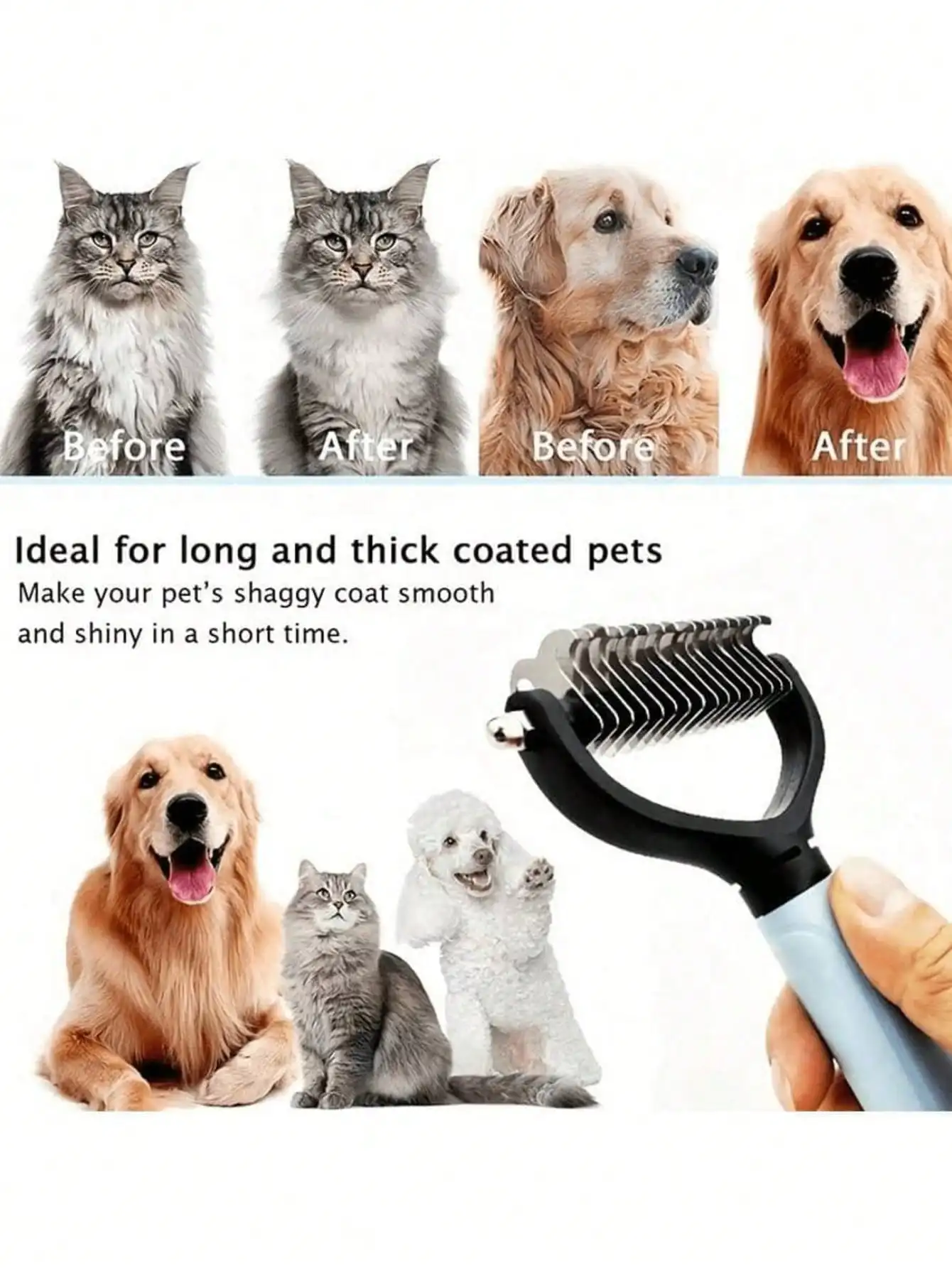 1PC Stainless Steel Pet Hair Remover | Double-Sided Self-Cleaning Comb For Long/Short Haired Cats Dogs - & Shedding Control
