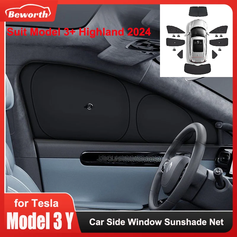 New Car Side Window Sunshade with Suction Cups for Tesla Model 3+ Highland 2024 Model Y Front Rear Windshield Privacy Sun Shade