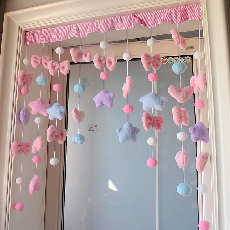 Pink Girls Heart Stars Bow Curtains Door Curtain Short Romantic Tassel Pelmet Girls Room Sweet Bead Window Valance Door Blackout