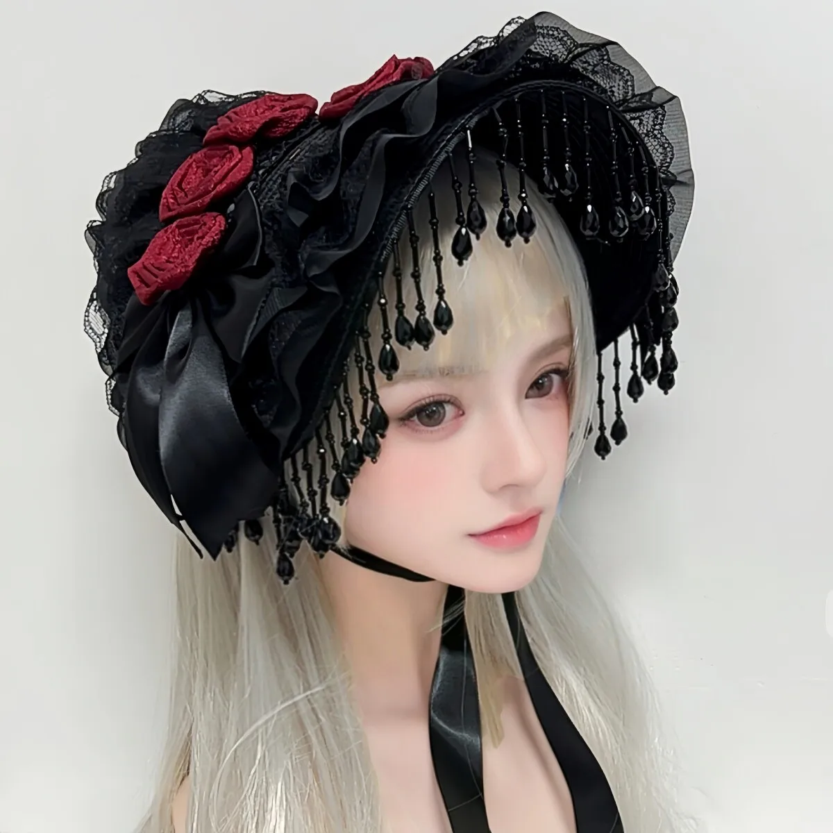 Original Lolita Handmade Gothic Dark Widow Bnt Hat Black Pearl Tassel Lace Rose Halloween Hat