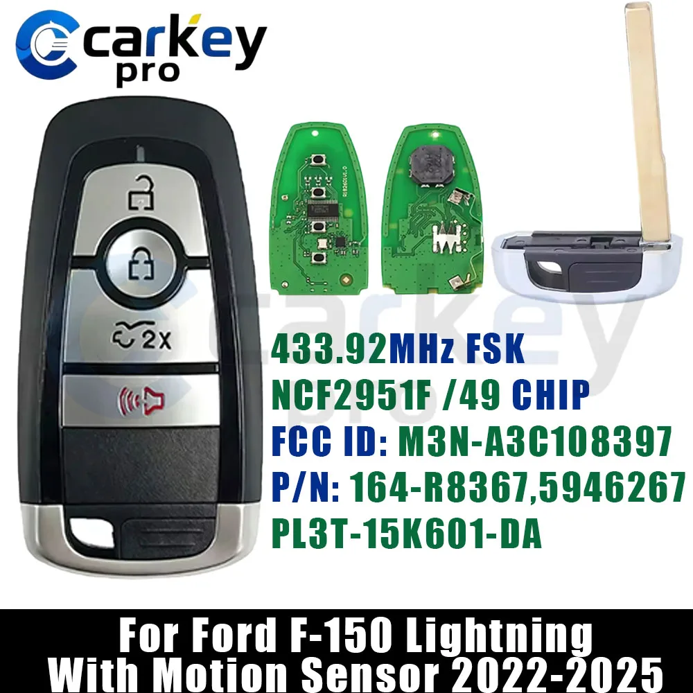Carkeypro3+1Button 434MHz M3N-A3C108397 NCF2951F/HITAG PRO/49 CHIP SmartKey For Ford F-150 Lightning With Motion Sensor2022-2025