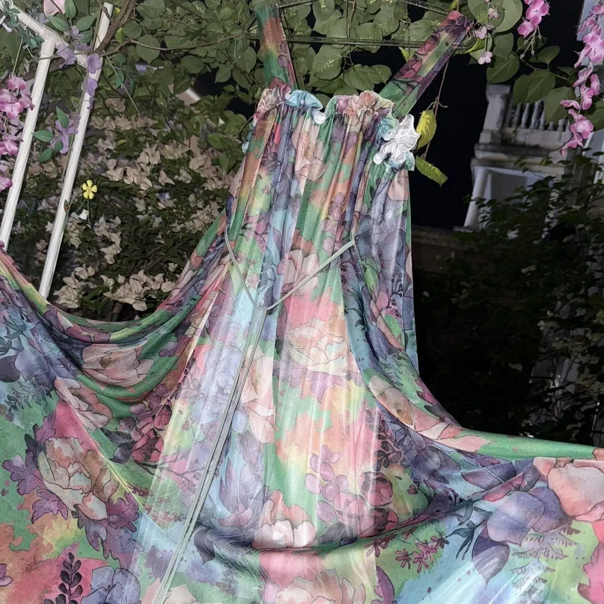 

Floral Print Double Layered Mesh Women Ruffles Dress Loose Maxi Dress Plus Size Sleeping Pajamas Robe