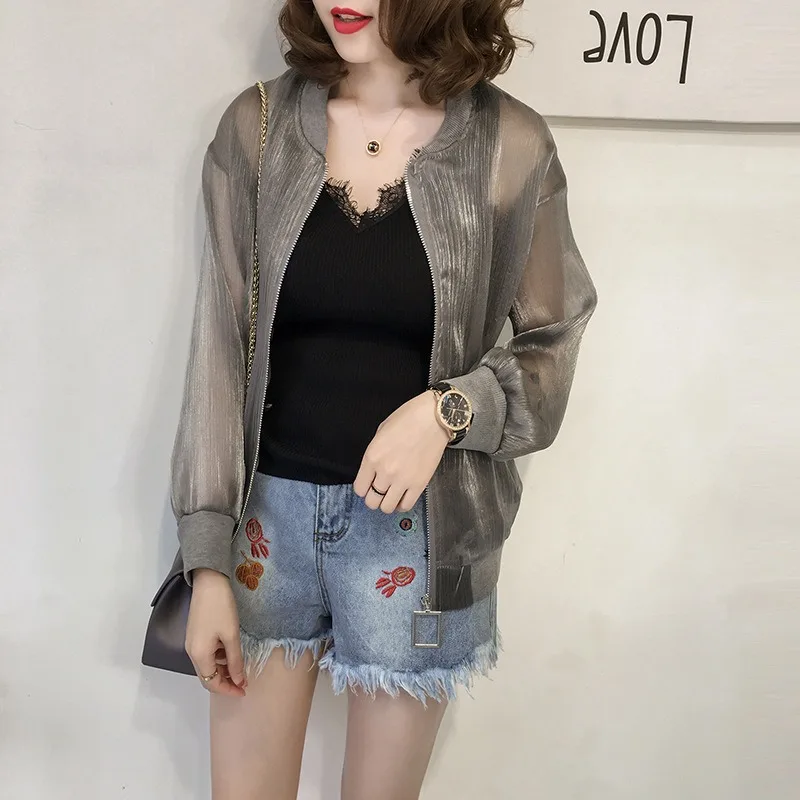 Organza Sunscreen Women'S Summer Oversize Mesh Jacket Long Sleeve Spring Summer Short Bright Silk Thin Coat Baseball Uniform