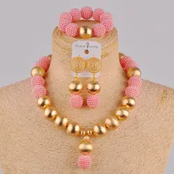 New Fashion African Handmade Beaded Pink Nigeria Wedding Jewelry Set Imitation Pearl Female Necklace Earring Bracelet XX-30