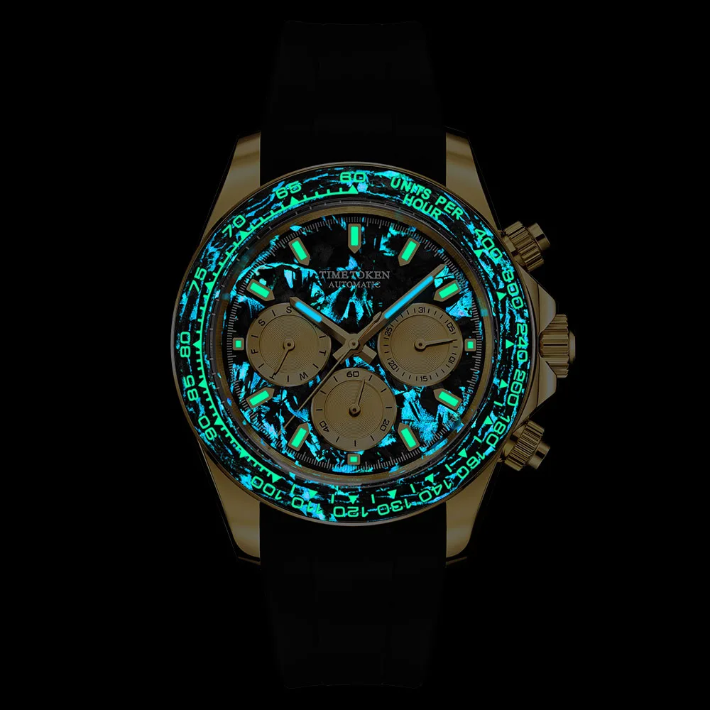 TIME TOKEN 2025 40mm Men's Carbon Automatic Mechanical Watch Luxury 100m Waterproof Diver with Calendar And Week Function