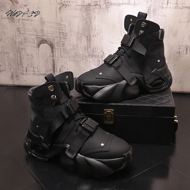 High Top Chunky Sneaker Men Designer Air Cushion Shoes Fashion Casual Genuine Leather Cowhide Height Increased Platform Shoes