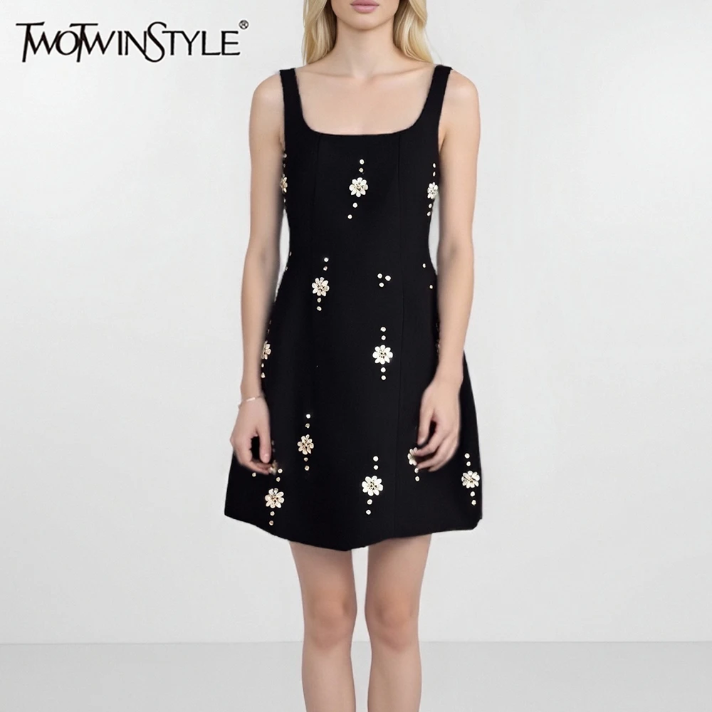 

TWOTWINSTYLE Solid Slimming Spliced Bow Elegant Dresses for Women Square Neck Sleeveless Patchwork Bead Fashion Dress Female New