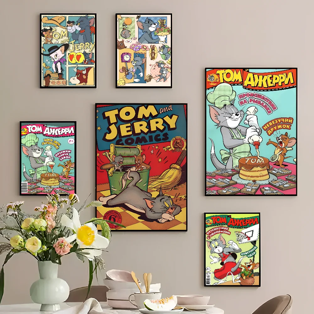 Curtoon T-tom and J-jerry Classic Vintage Posters Decoracion Painting Wall Art White Kraft Paper Kawaii Room Decor