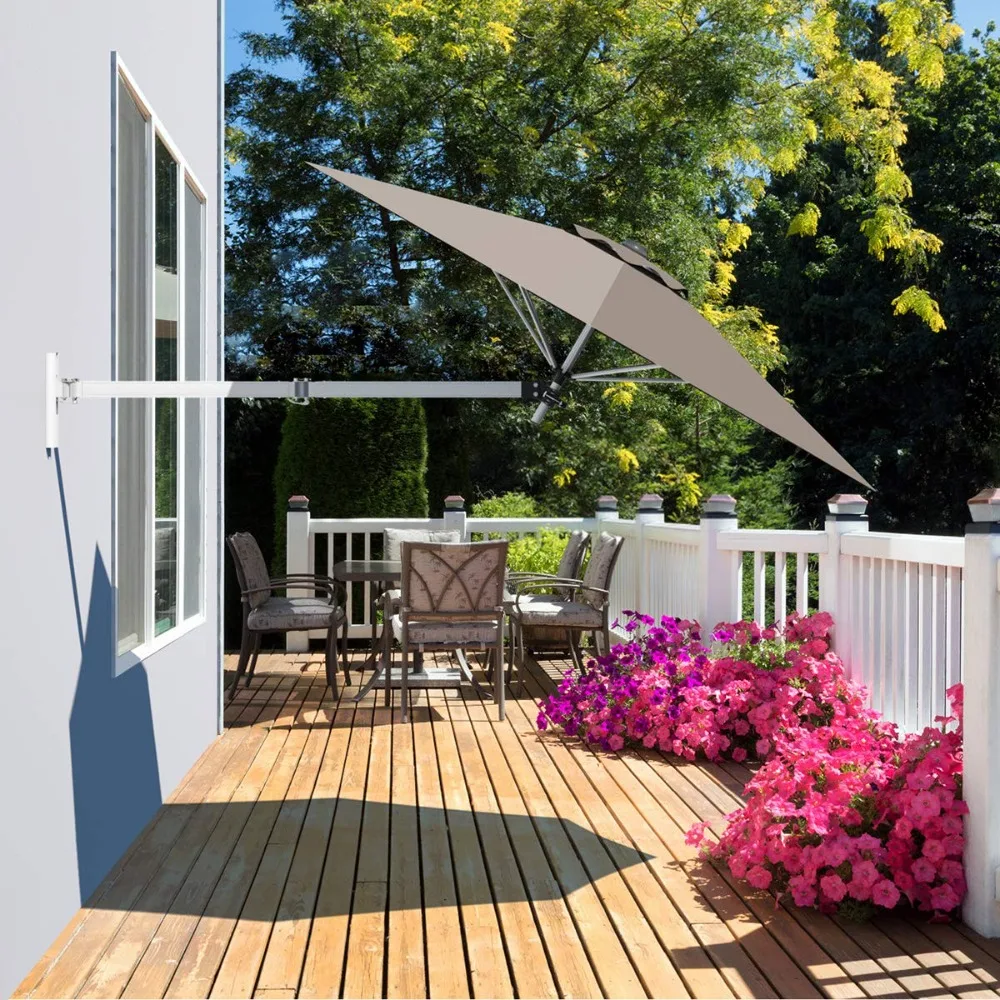 8 FT Wall Mounted Patio Umbrella, Outdoor Wall Umbrella with Adjustable Pole, Tilting Sunshade Umbrella with Wind, Customized