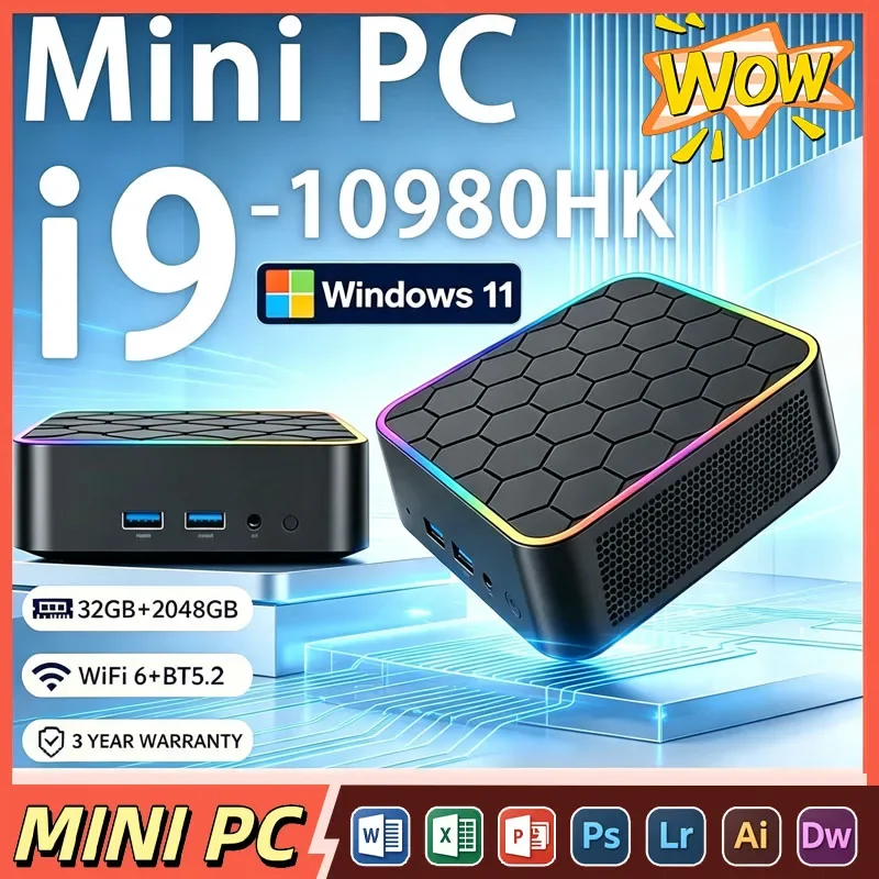 Core I9-10980HK Mini PC 32GB 2TB NVMe SSD, Triple 4K Display Desktop Computer, WiFi6 High Performance Office Home Small PC