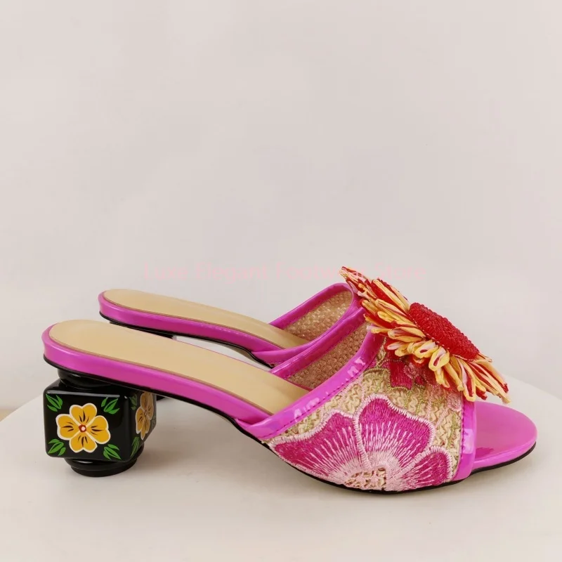 Pink Embroider Sunflower Decor Square Slippers Women Open Toe Block Heel Mule Sandals Fashion Trendy Beach Vacation Summer Shoes